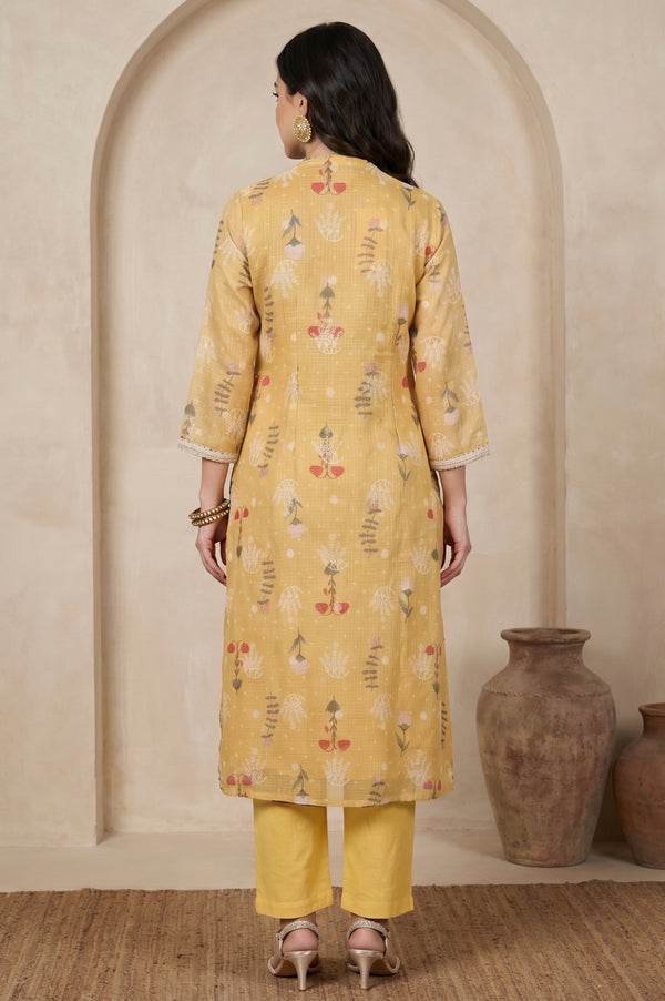 Mustard Floral Printed Cotton Straight Kurta