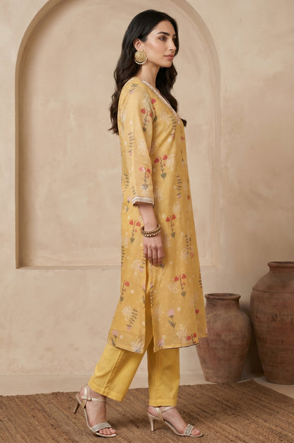 Mustard Floral Printed Cotton Straight Kurta
