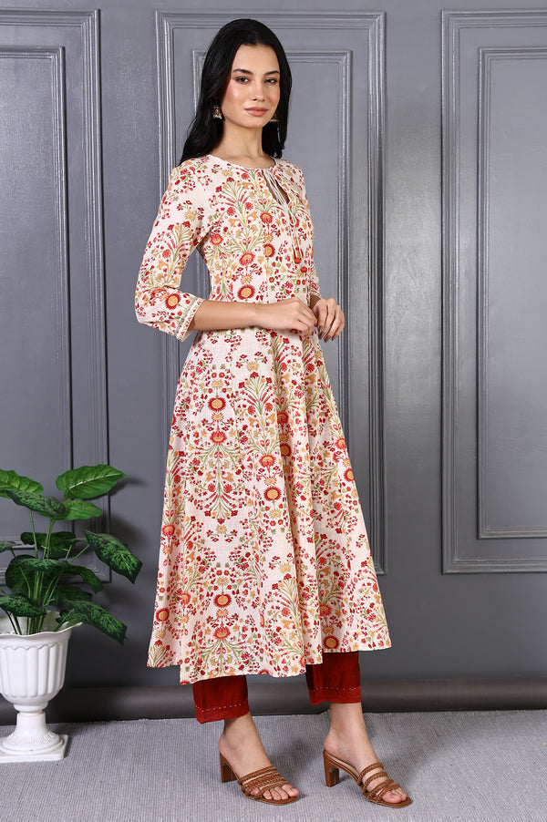 White Floral Printed Metal Embellishment Pure Cotton Flared Kurta