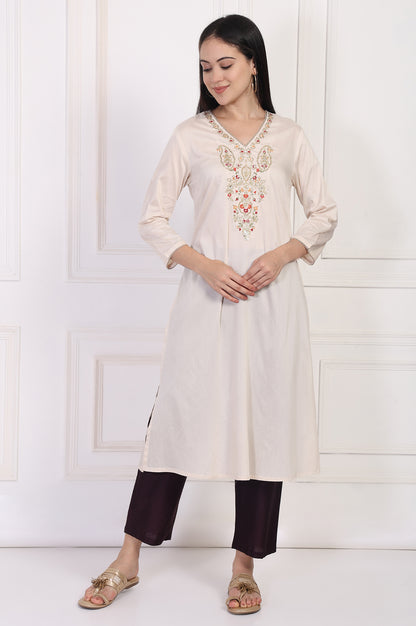 Cream Embroidered A-Line Rayon Kurta