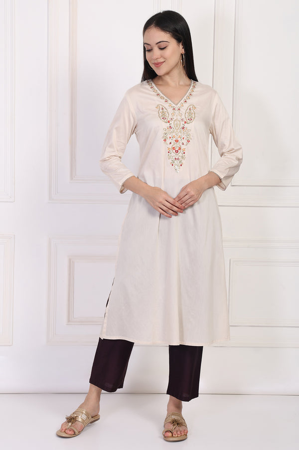 Cream Embroidered A-Line Rayon Kurta