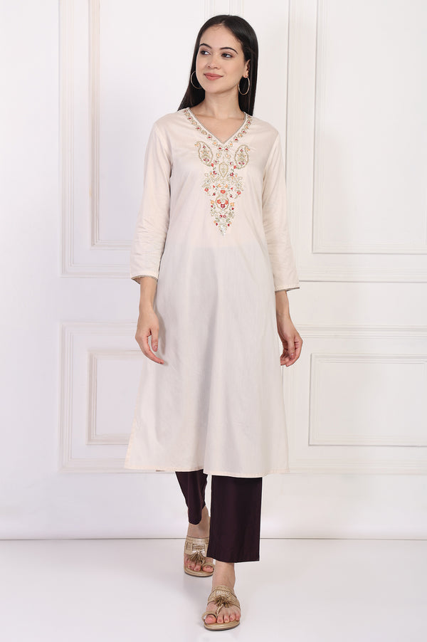 Cream Embroidered A-Line Rayon Kurta