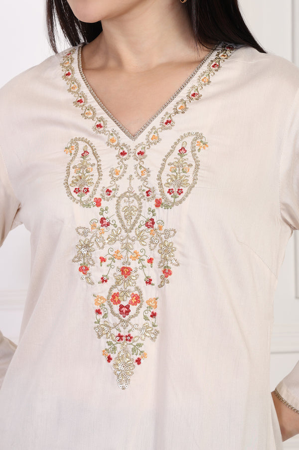 Cream Embroidered A-Line Rayon Kurta