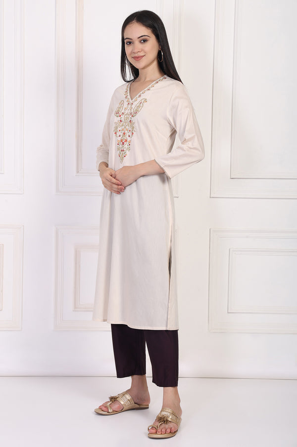 Cream Embroidered A-Line Rayon Kurta
