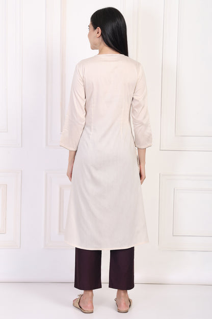 Cream Embroidered A-Line Rayon Kurta