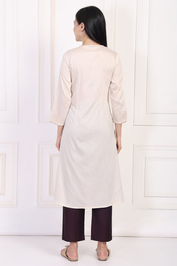 Cream Embroidered A-Line Rayon Kurta