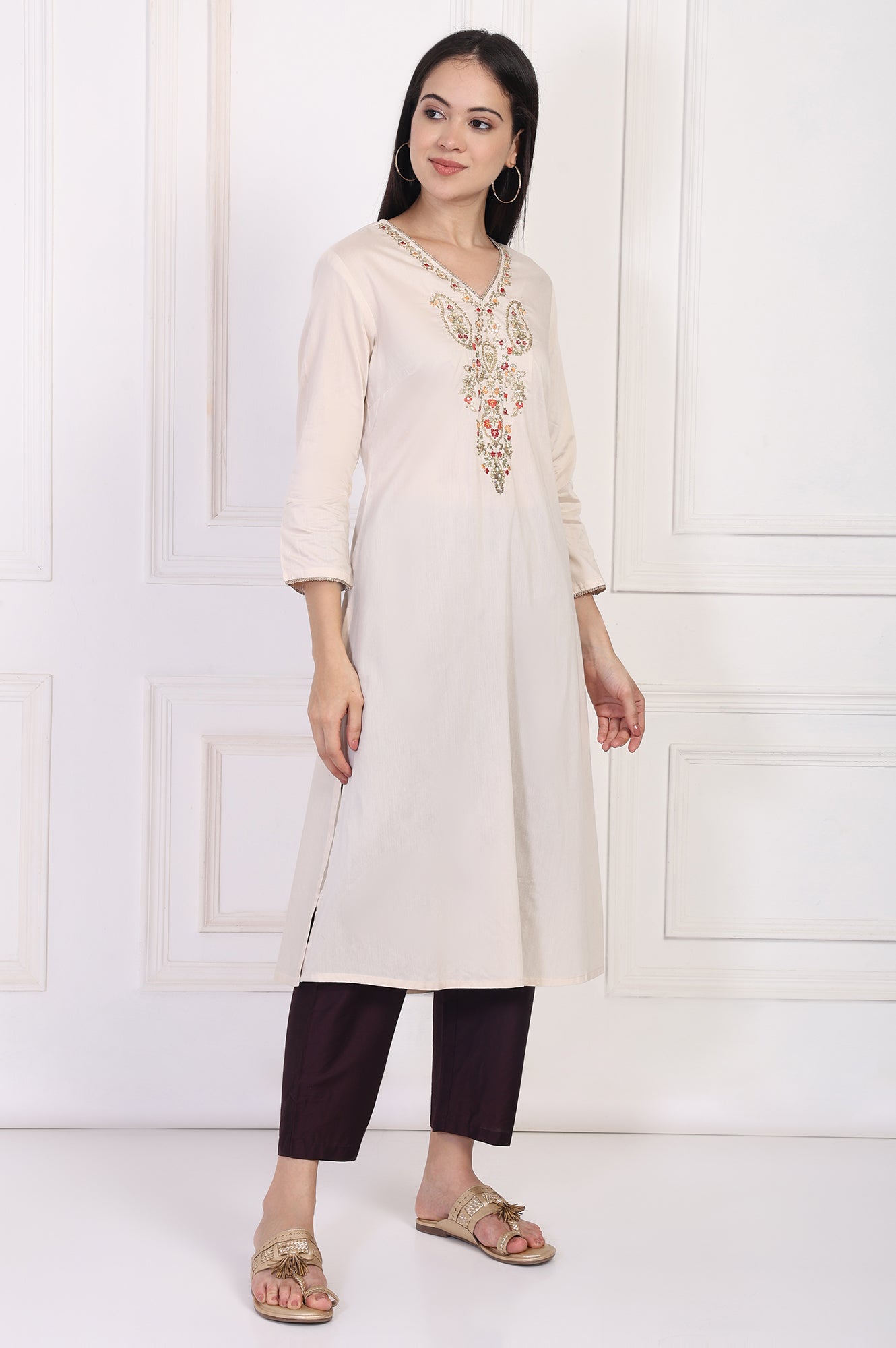 Cream Embroidered A-Line Rayon Kurta