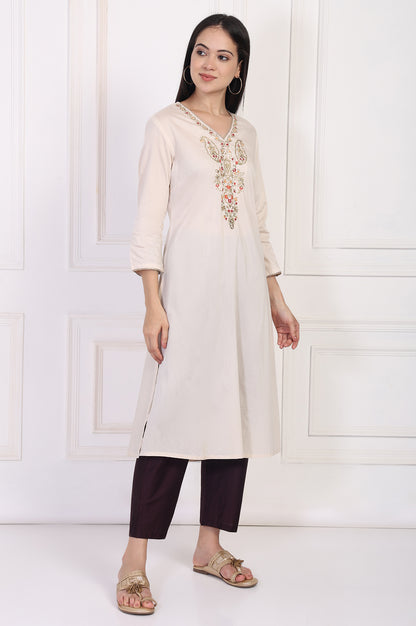Cream Embroidered A-Line Rayon Kurta