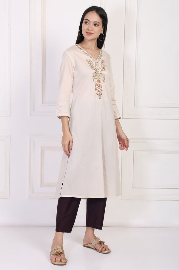 Cream Embroidered A-Line Rayon Kurta