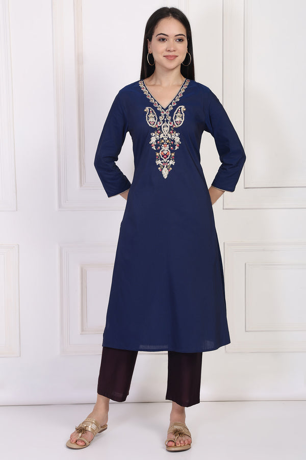 Navy Blue Embroidered A-Line Rayon Kurta