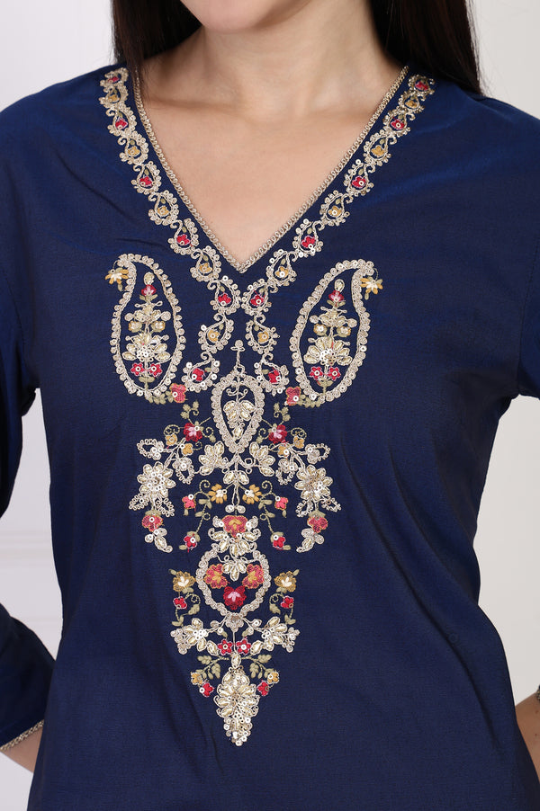 Navy Blue Embroidered A-Line Rayon Kurta