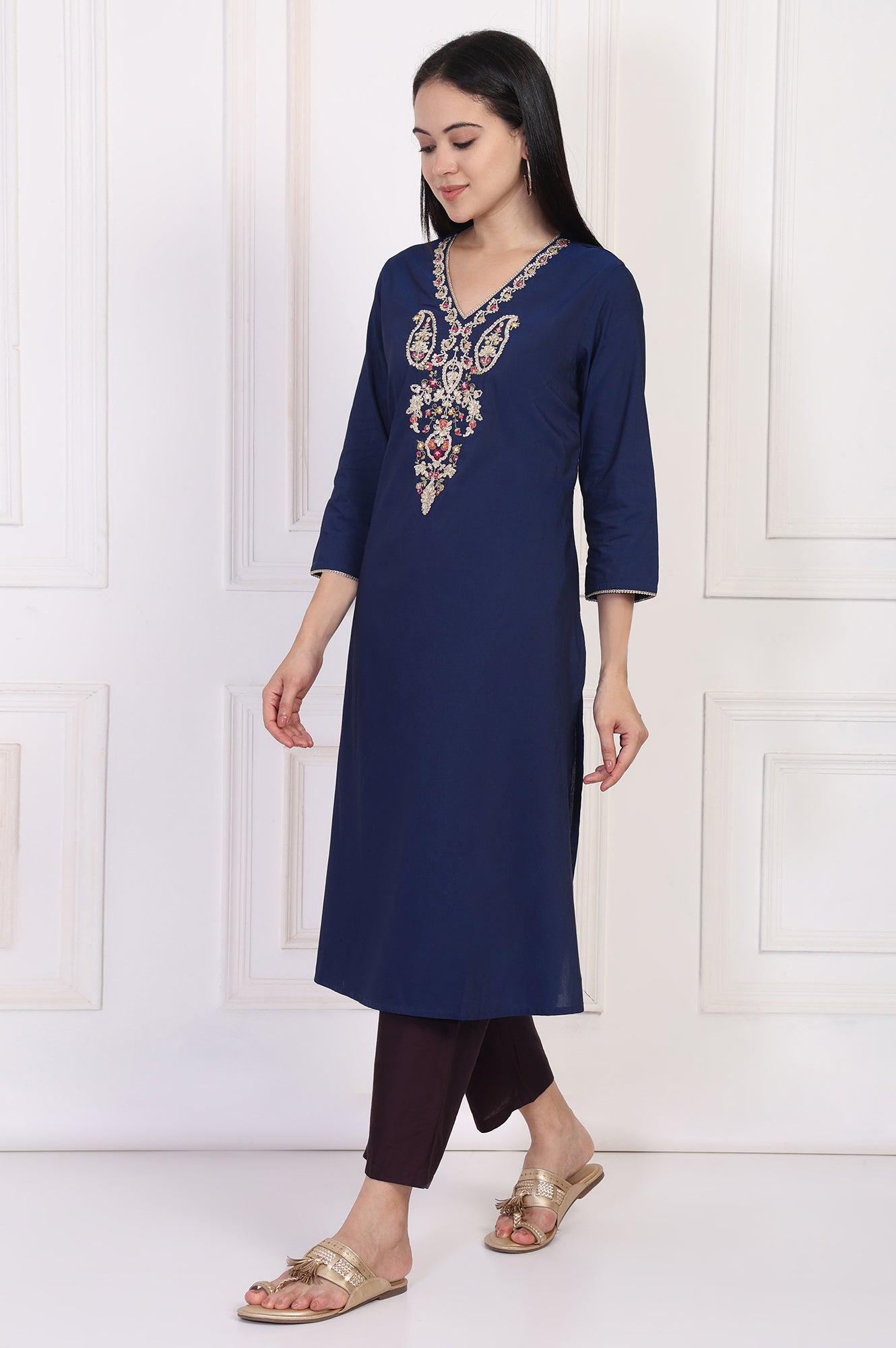 Navy Blue Embroidered A-Line Rayon Kurta