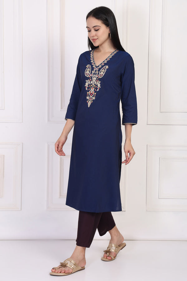 Navy Blue Embroidered A-Line Rayon Kurta