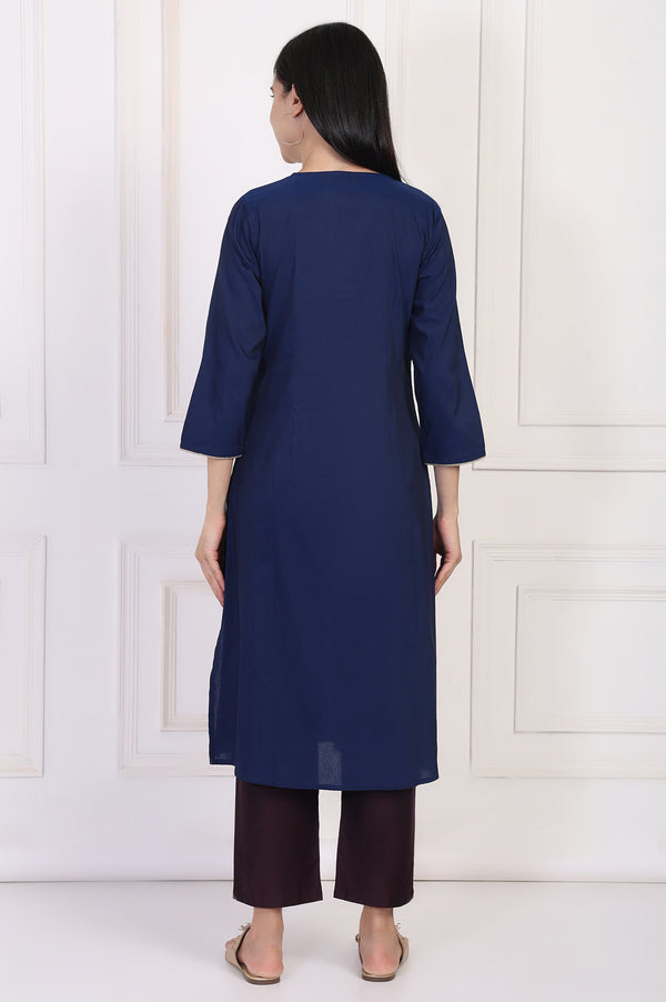 Navy Blue Embroidered A-Line Rayon Kurta