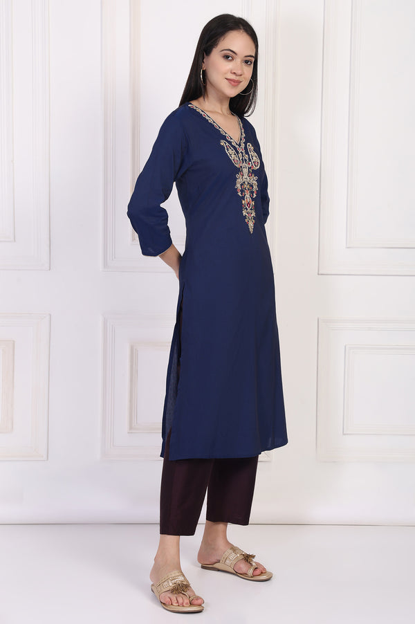 Navy Blue Embroidered A-Line Rayon Kurta