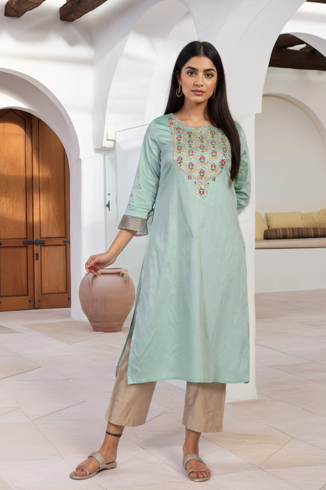 Green Embroidered Straight Kurta