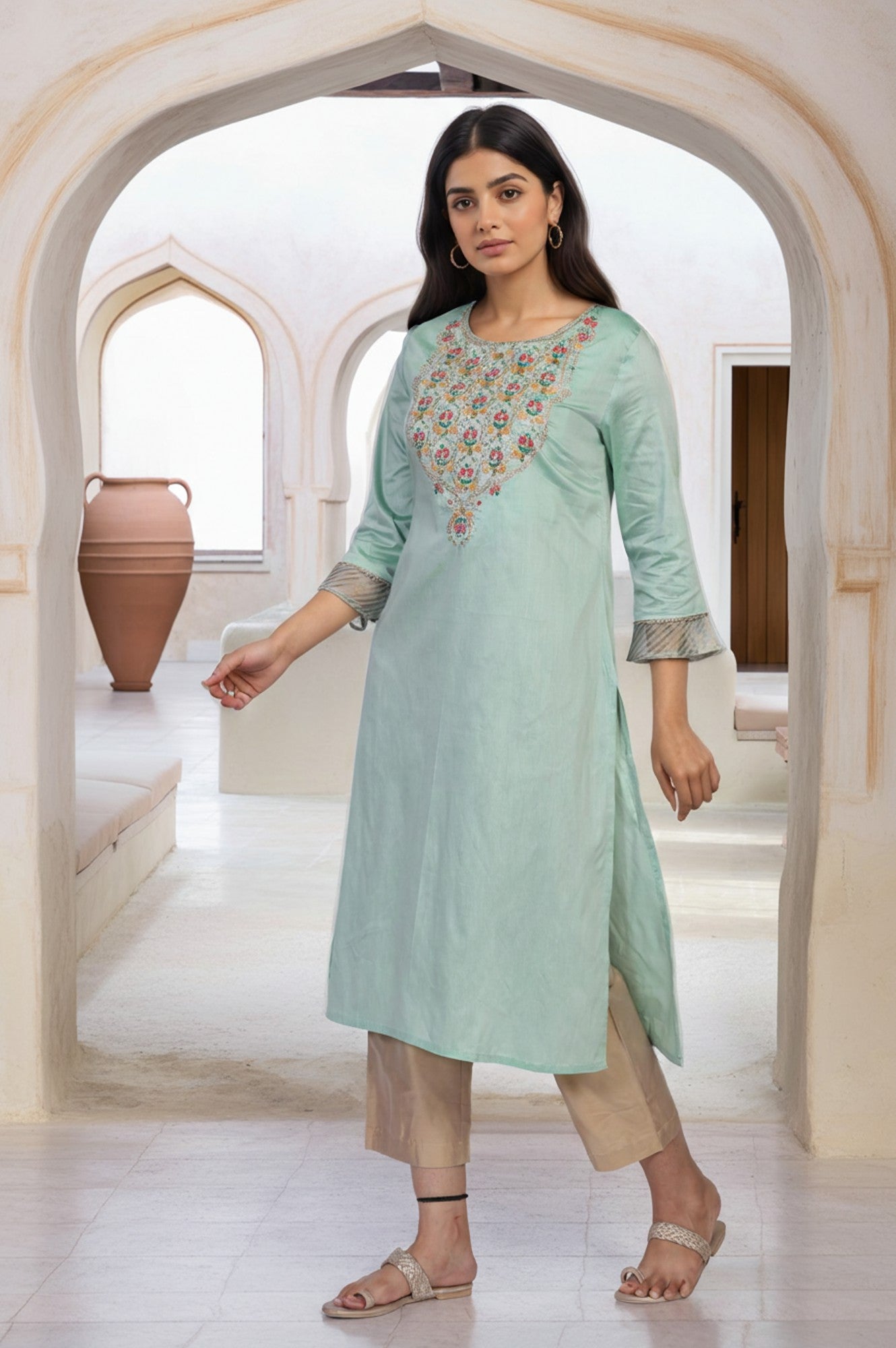 Green Embroidered Straight Kurta