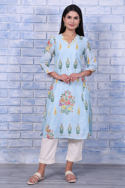 Blue Floral Printed Chanderi A-Line Kurta