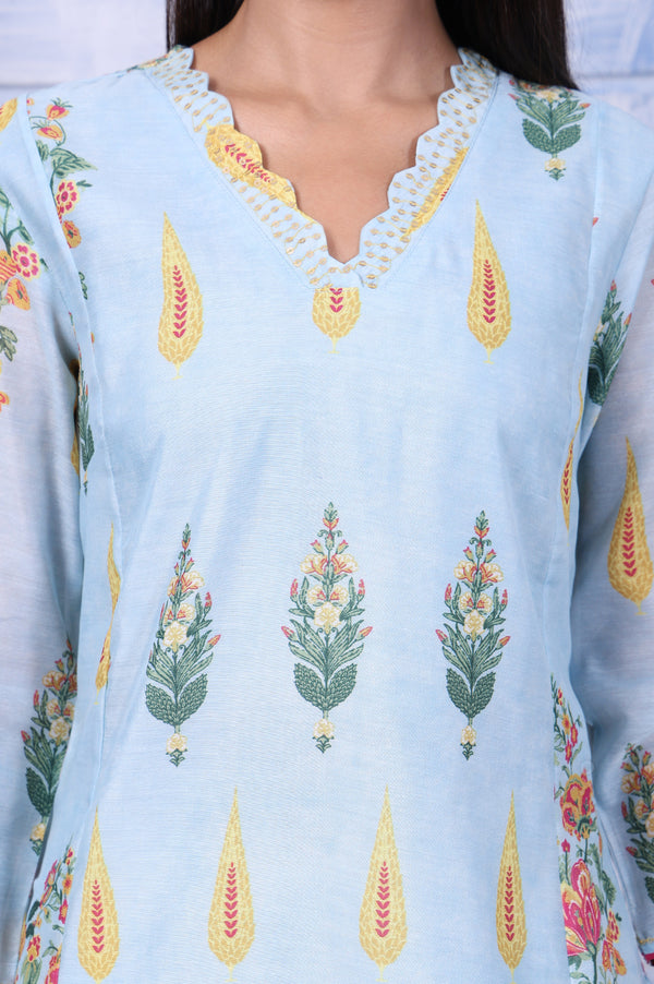 Blue Floral Printed Chanderi A-Line Kurta