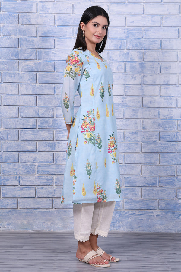 Blue Floral Printed Chanderi A-Line Kurta