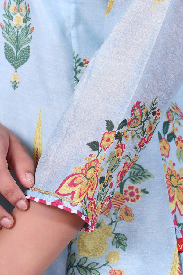 Blue Floral Printed Chanderi A-Line Kurta