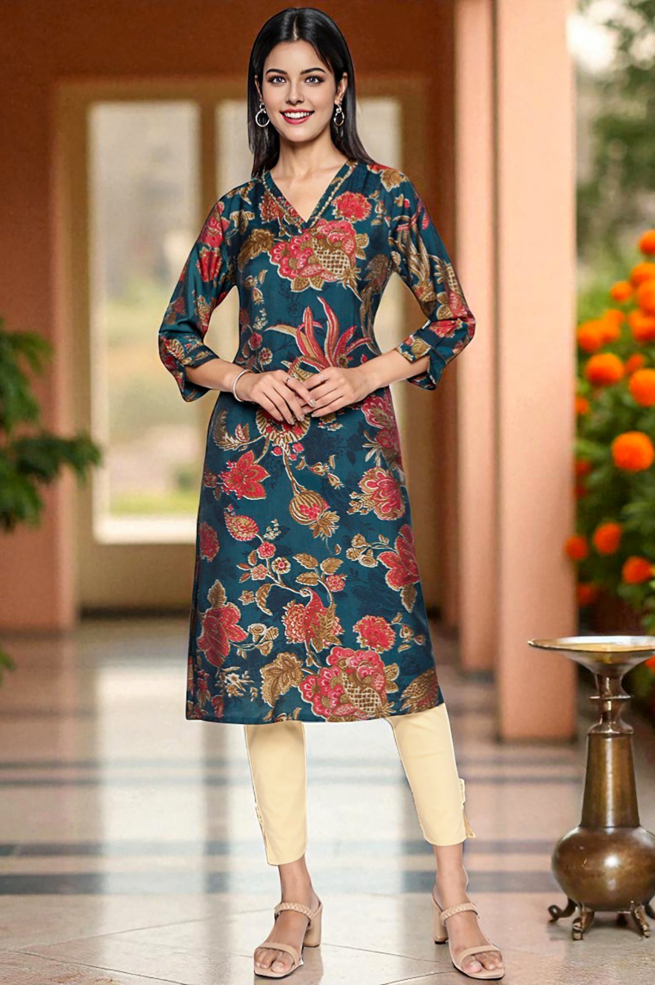 Teal Printed Crepe Straight Kurta