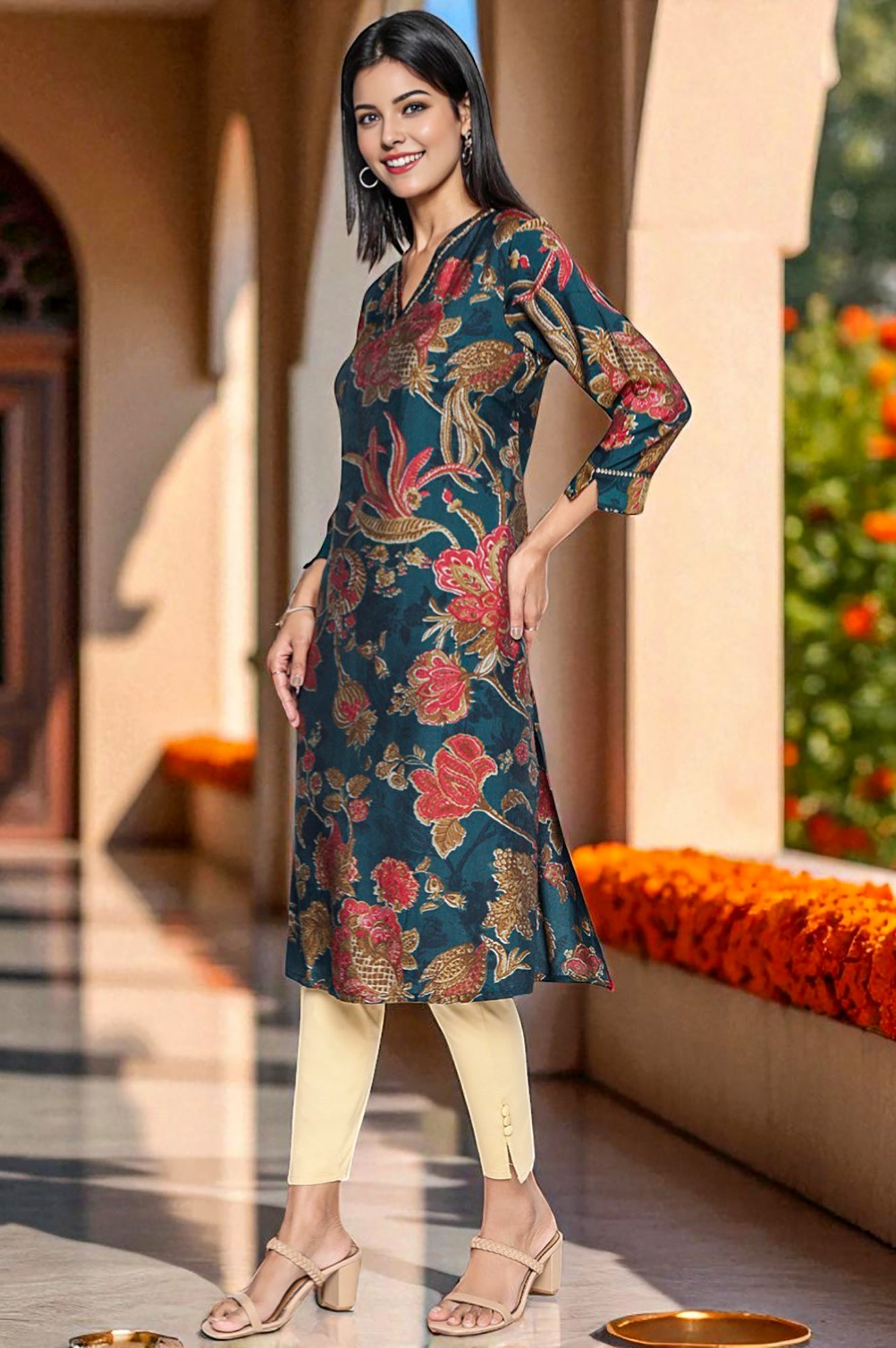 Teal Printed Crepe Straight Kurta
