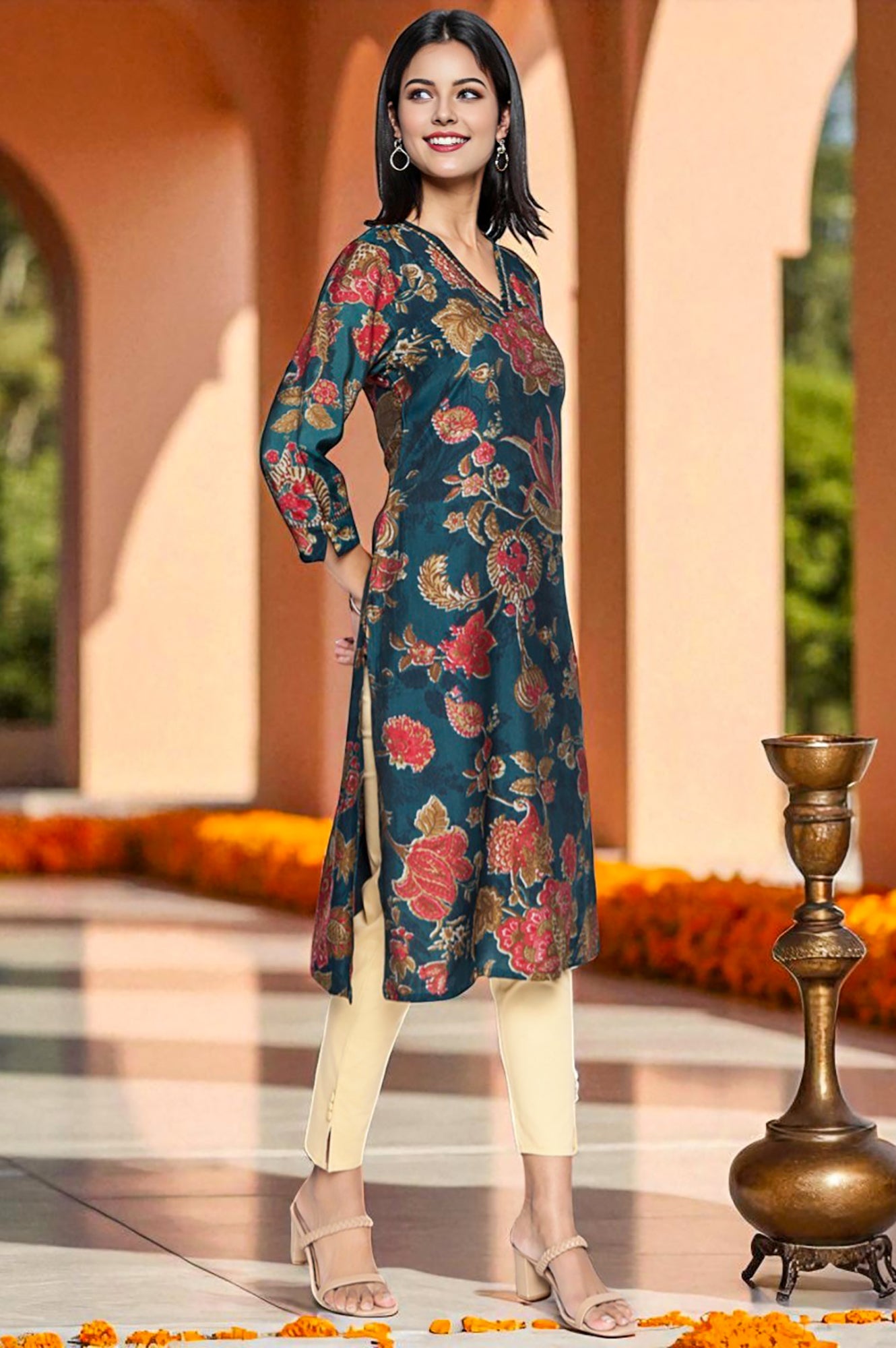 Teal Printed Crepe Straight Kurta