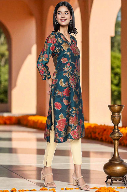 Teal Printed Crepe Straight Kurta