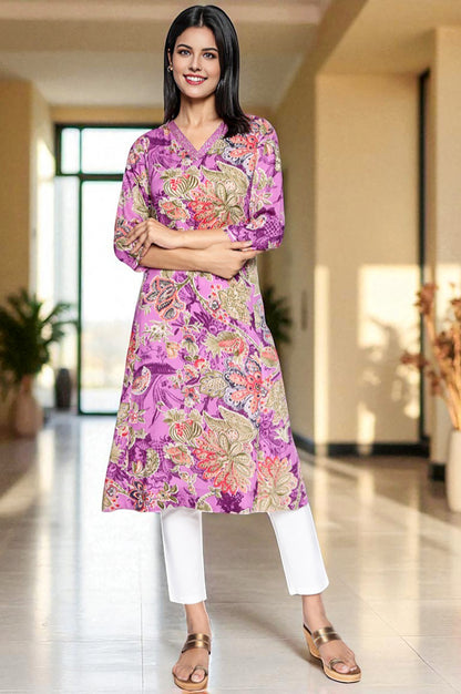 Purple Printed Modal A-line Kurta