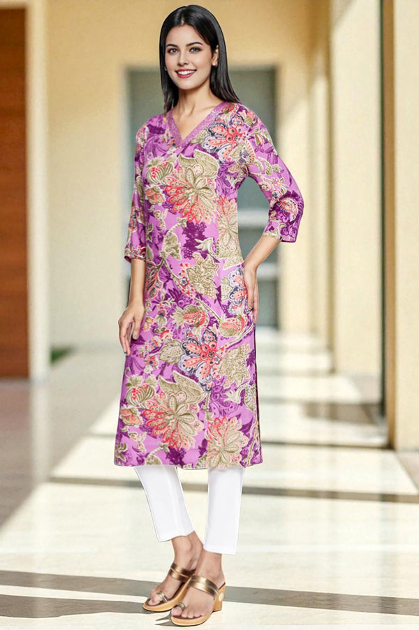 Purple Printed Modal A-line Kurta
