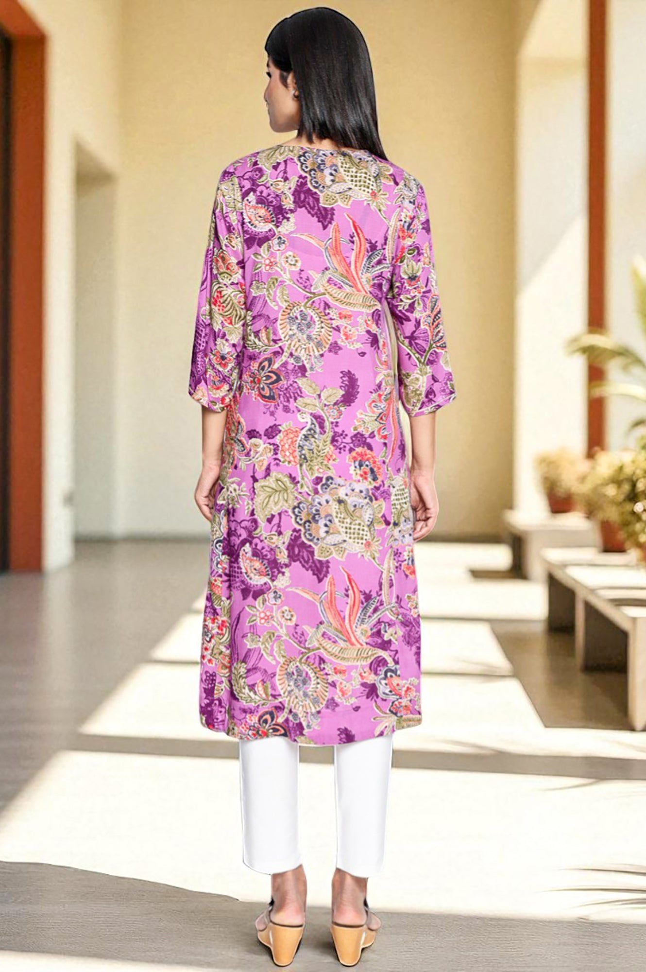 Purple Printed Modal A-line Kurta