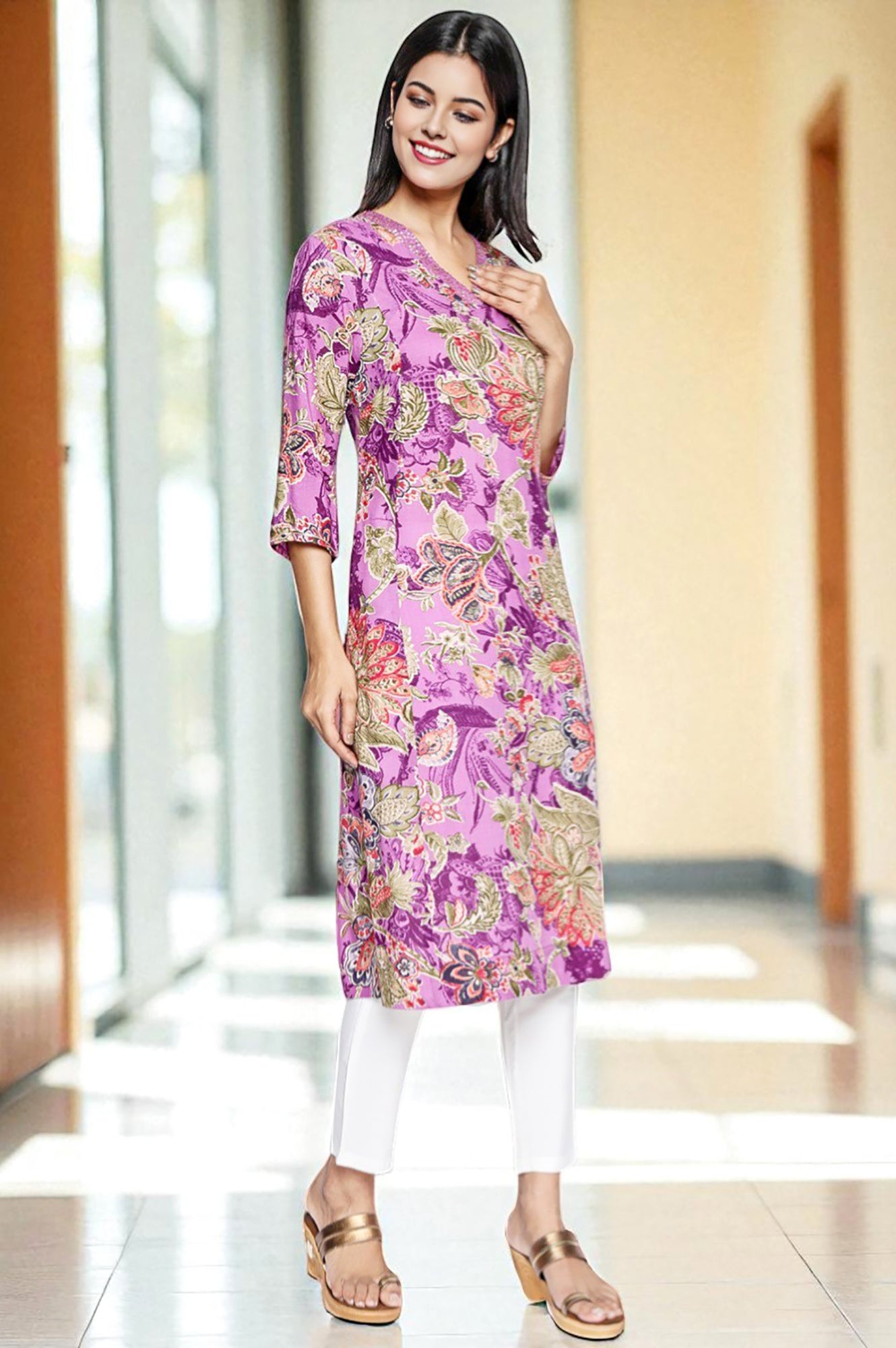 Purple Printed Modal A-line Kurta