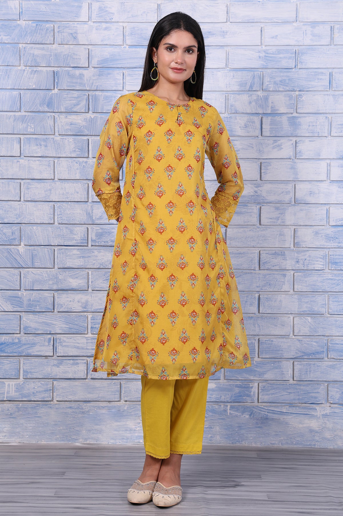 Yellow Floral Printed Organza Straight Kurta - XS