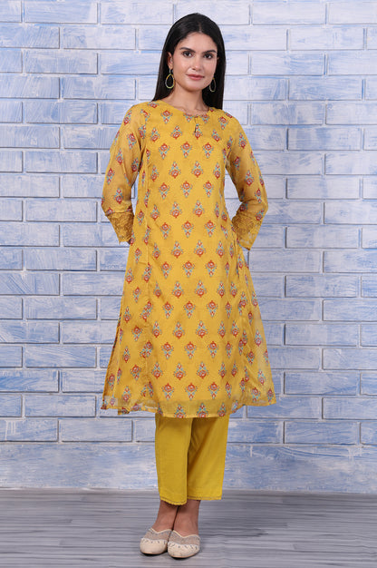 Yellow Floral Printed Organza Straight Kurta