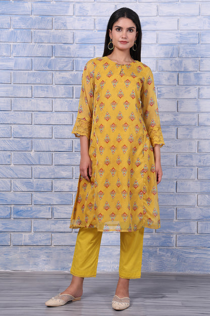 Yellow Floral Printed Organza Straight Kurta