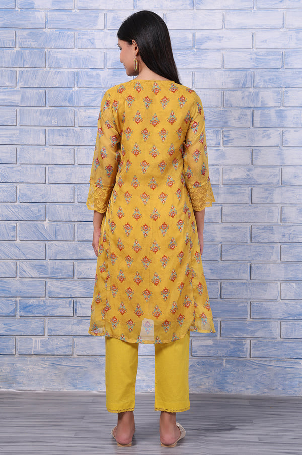Yellow Floral Printed Organza Straight Kurta