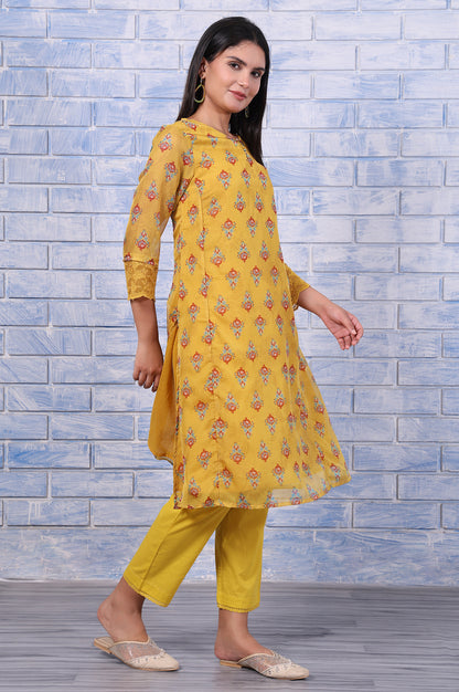 Yellow Floral Printed Organza Straight Kurta