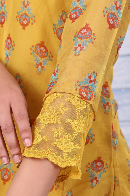 Yellow Floral Printed Organza Straight Kurta