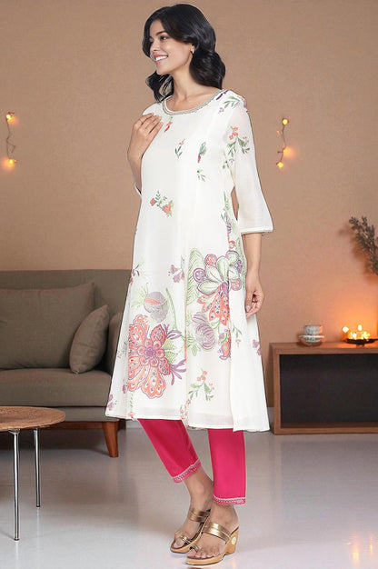 Ecru Printed Chanderi A-line Kurta