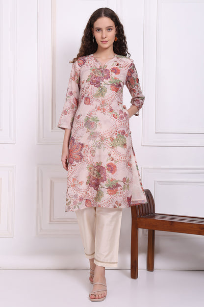 Beige Floral Printed Chanderi Straight Kurta