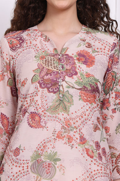 Beige Floral Printed Chanderi Straight Kurta