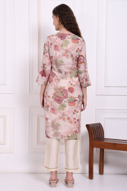 Beige Floral Printed Chanderi Straight Kurta