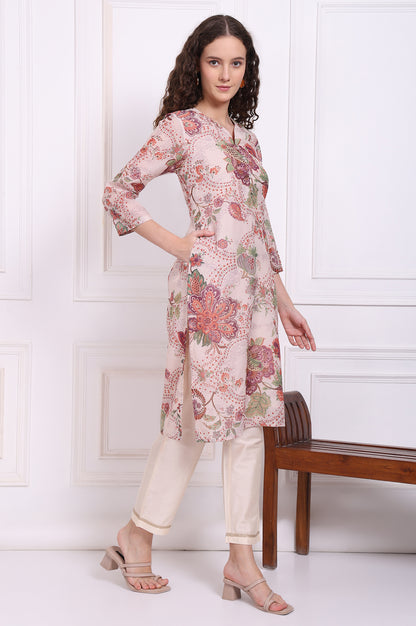 Beige Floral Printed Chanderi Straight Kurta