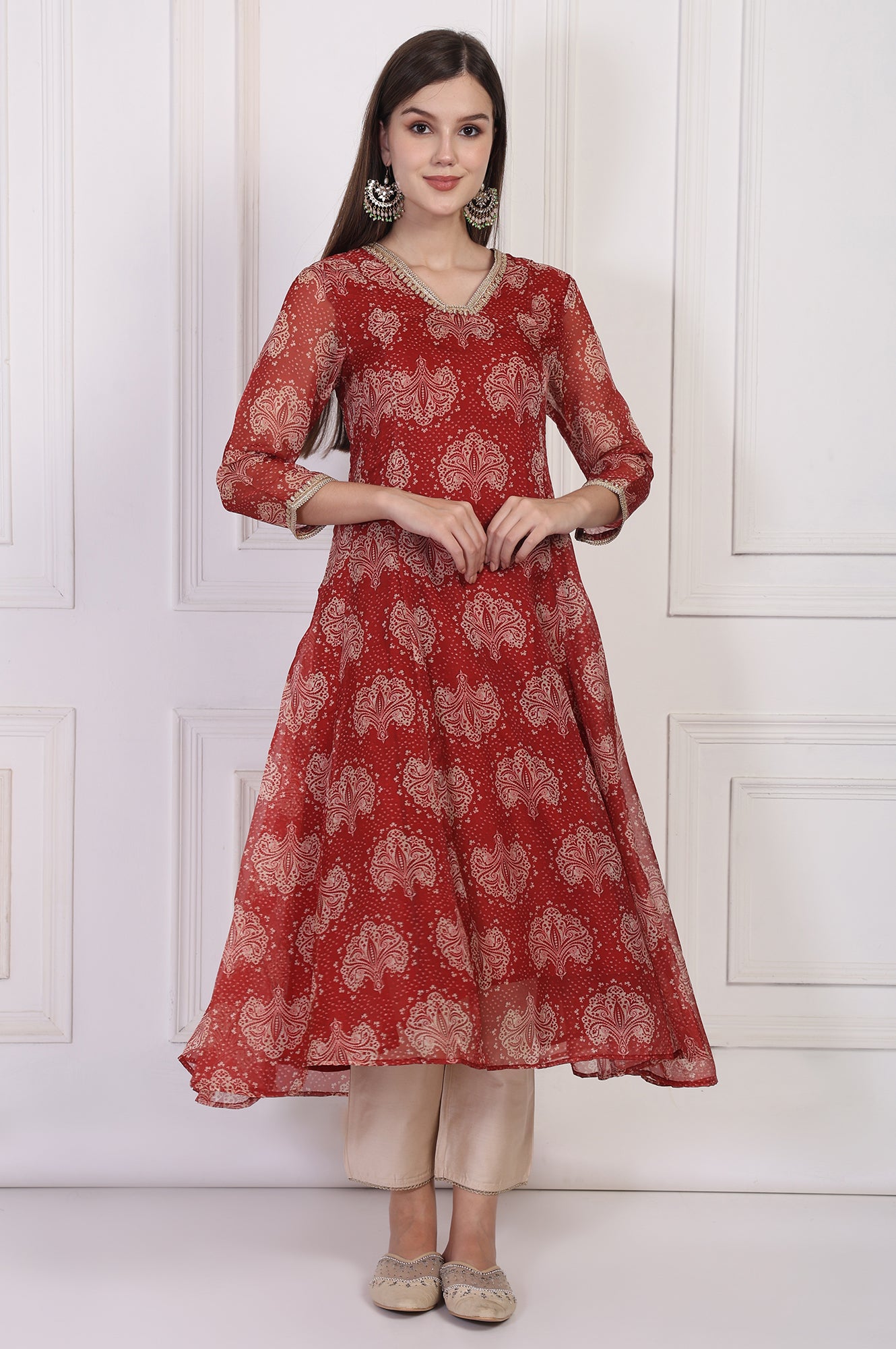 Maroon Ethnic Motifs Printed Zari Work Flared Organza Kurta