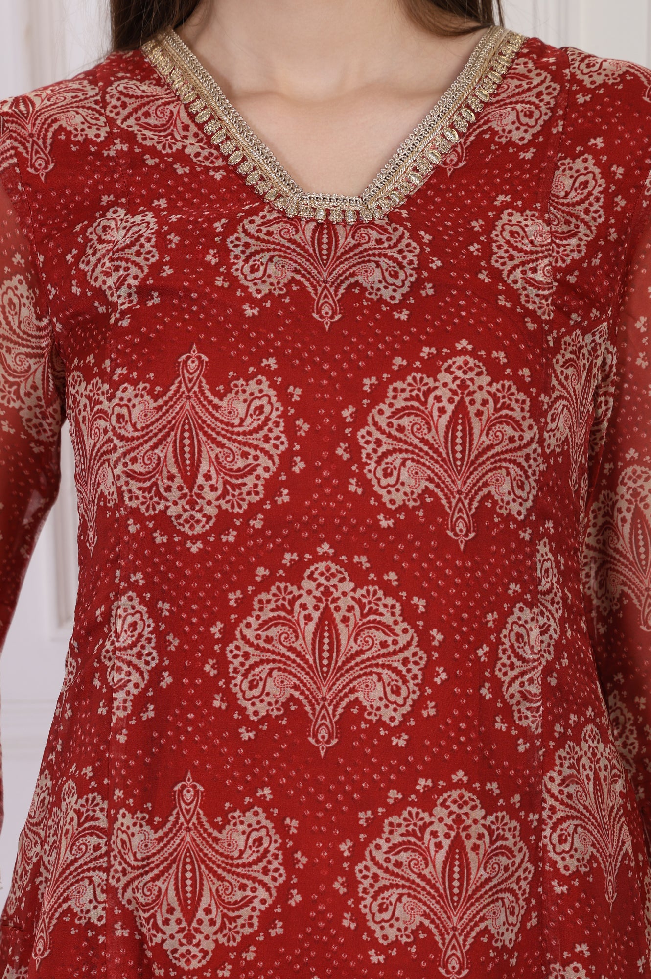 Maroon Ethnic Motifs Printed Zari Work Flared Organza Kurta