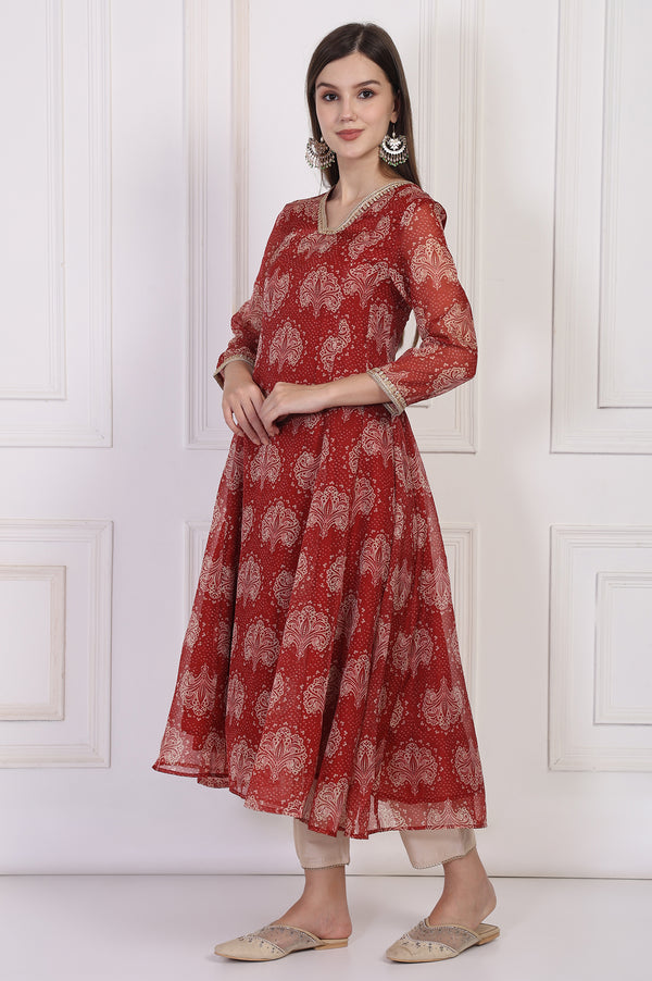 Maroon Ethnic Motifs Printed Zari Work Flared Organza Kurta