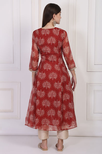 Maroon Ethnic Motifs Printed Zari Work Flared Organza Kurta