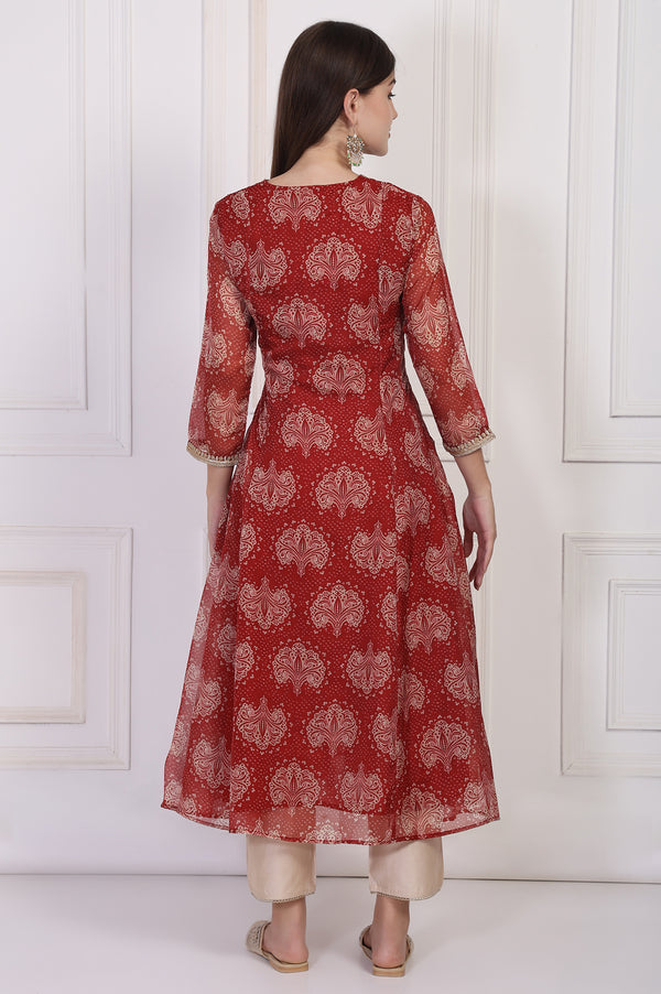Maroon Ethnic Motifs Printed Zari Work Flared Organza Kurta