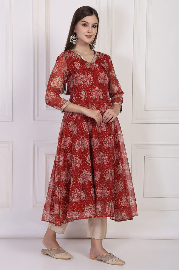 Maroon Ethnic Motifs Printed Zari Work Flared Organza Kurta